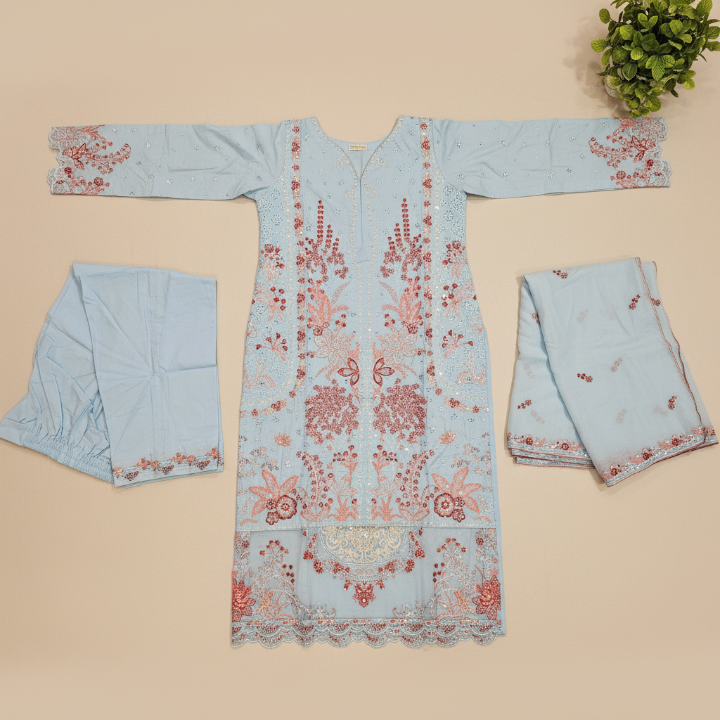 CRM Aabroo | Glacier Mist Cotton Shalwar Kameez | Luxury Thread, Sequin & Zari Embroidery | 3 Piece Suit