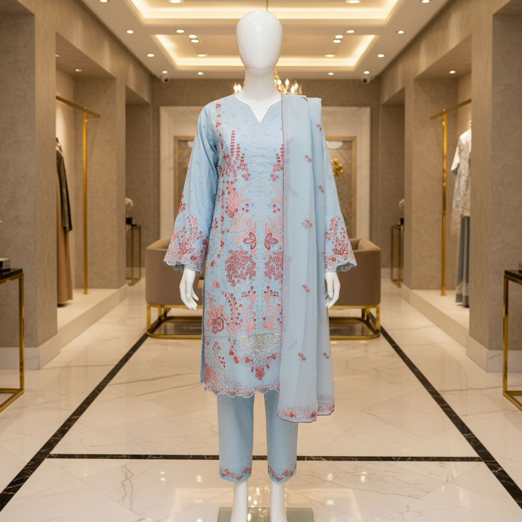 CRM Aabroo | Glacier Mist Cotton Shalwar Kameez | Luxury Thread, Sequin & Zari Embroidery | 3 Piece Suit