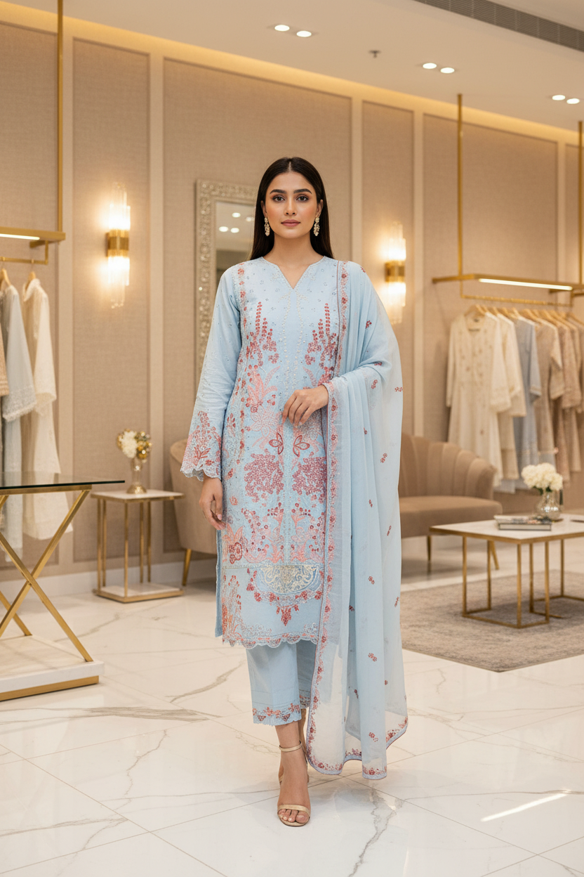 CRM Aabroo | Glacier Mist Cotton Shalwar Kameez | Luxury Thread, Sequin & Zari Embroidery | 3 Piece Suit