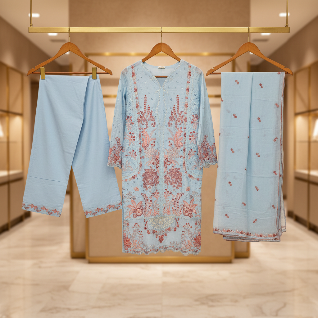CRM Aabroo | Glacier Mist Cotton Shalwar Kameez | Luxury Thread, Sequin & Zari Embroidery | 3 Piece Suit