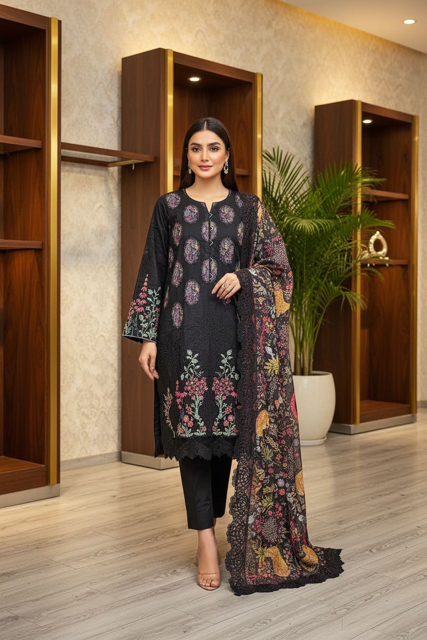 MB | Mahira | Deep Noir Embroidered Cotton Shalwar Kameez | Multicolour Floral Threadwork & Appliqué Patch Details | Digital Print Silk Dupatta