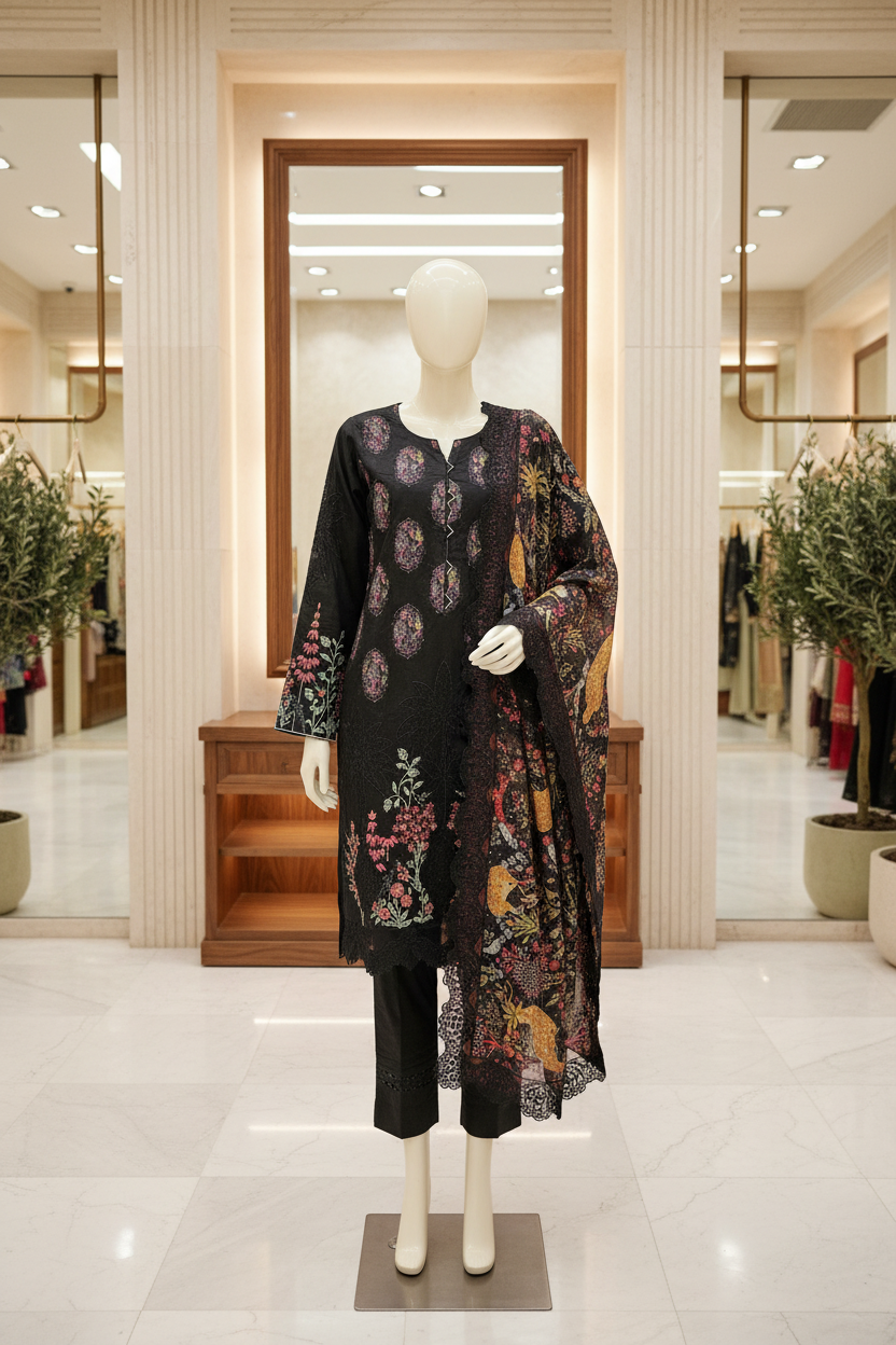 MB | Mahira | Deep Noir Embroidered Cotton Shalwar Kameez | Multicolour Floral Threadwork & Appliqué Patch Details | Digital Print Silk Dupatta