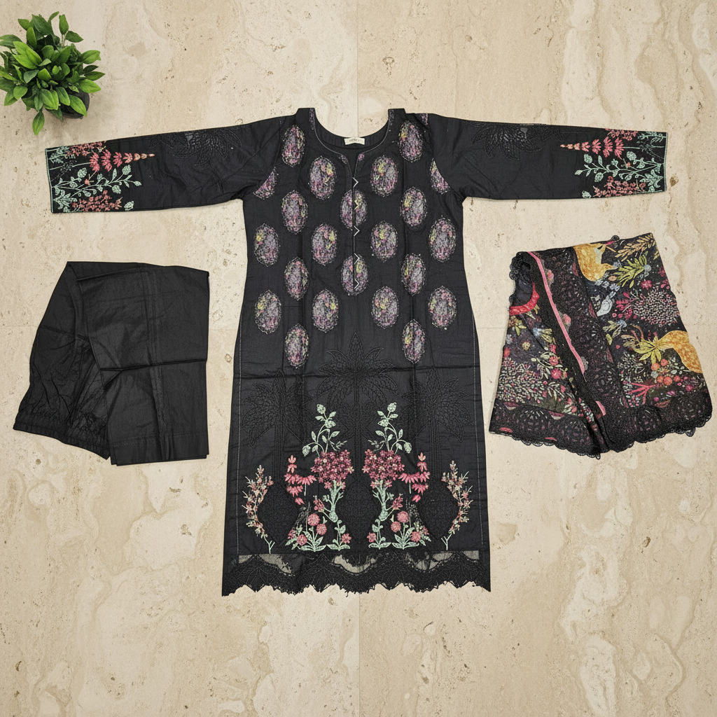 MB | Mahira | Deep Noir Embroidered Cotton Shalwar Kameez | Multicolour Floral Threadwork & Appliqué Patch Details | Digital Print Silk Dupatta