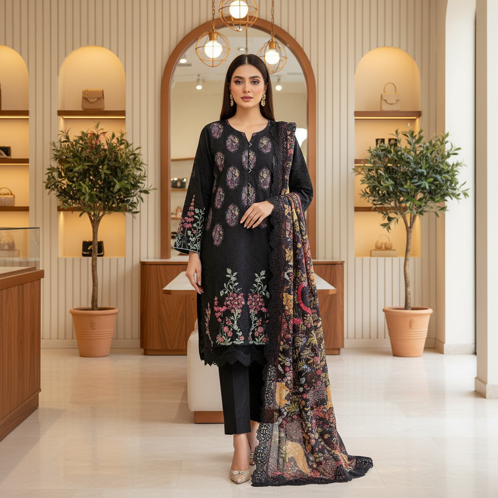 MB | Mahira | Deep Noir Embroidered Cotton Shalwar Kameez | Multicolour Floral Threadwork & Appliqué Patch Details | Digital Print Silk Dupatta