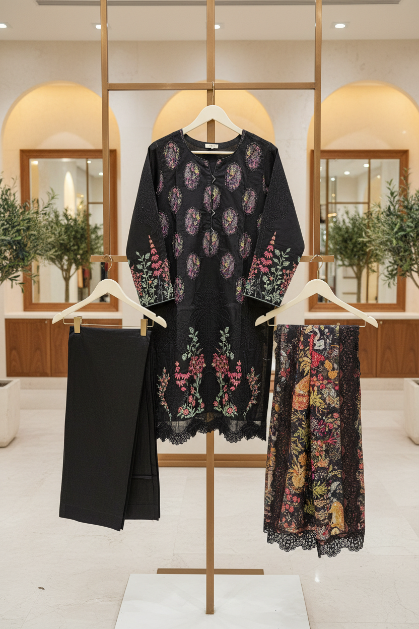 MB | Mahira | Deep Noir Embroidered Cotton Shalwar Kameez | Multicolour Floral Threadwork & Appliqué Patch Details | Digital Print Silk Dupatta