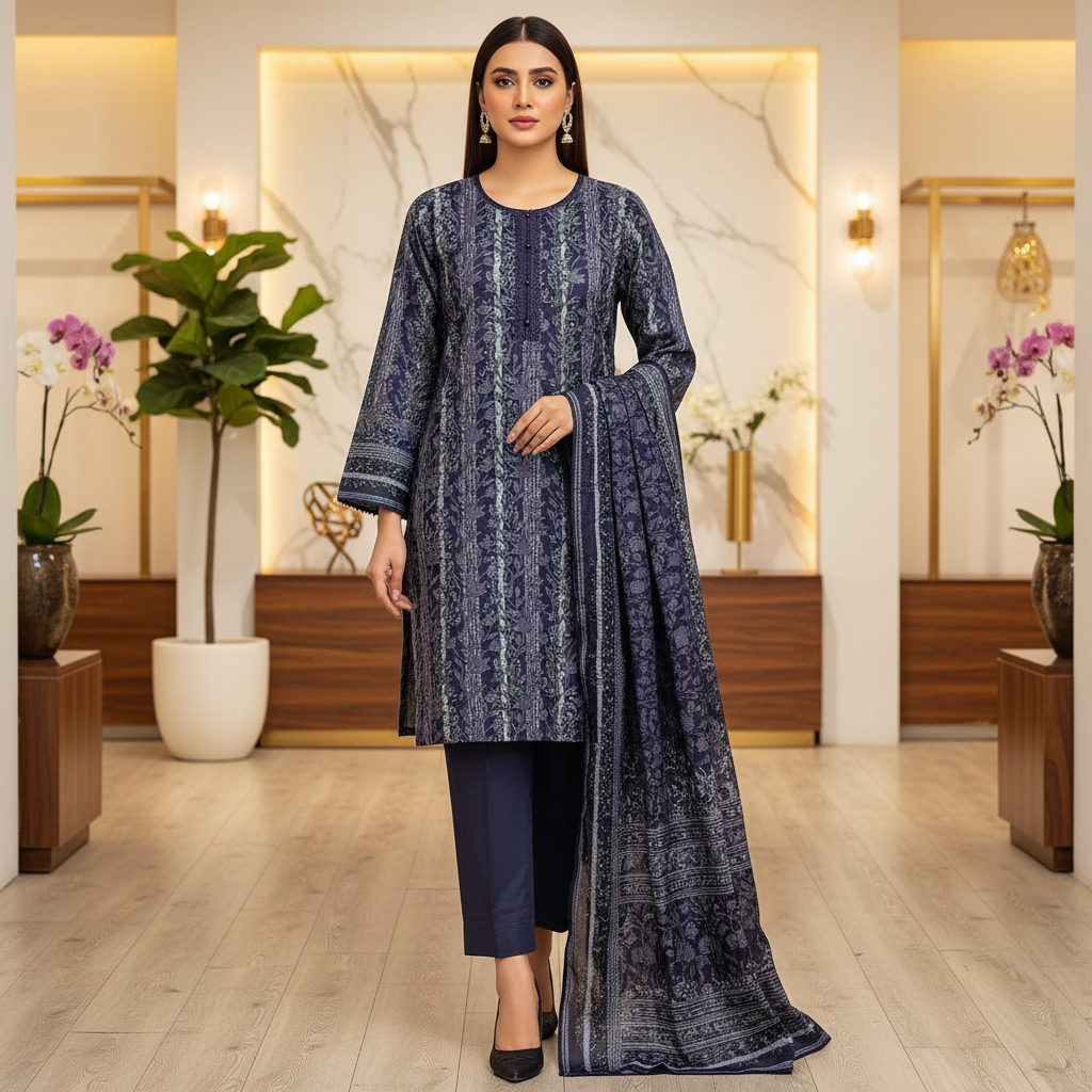 MTJ Original | Deep Navy Blue | Printed Lawn Suit | Matching Dupatta | 3 Piece Set