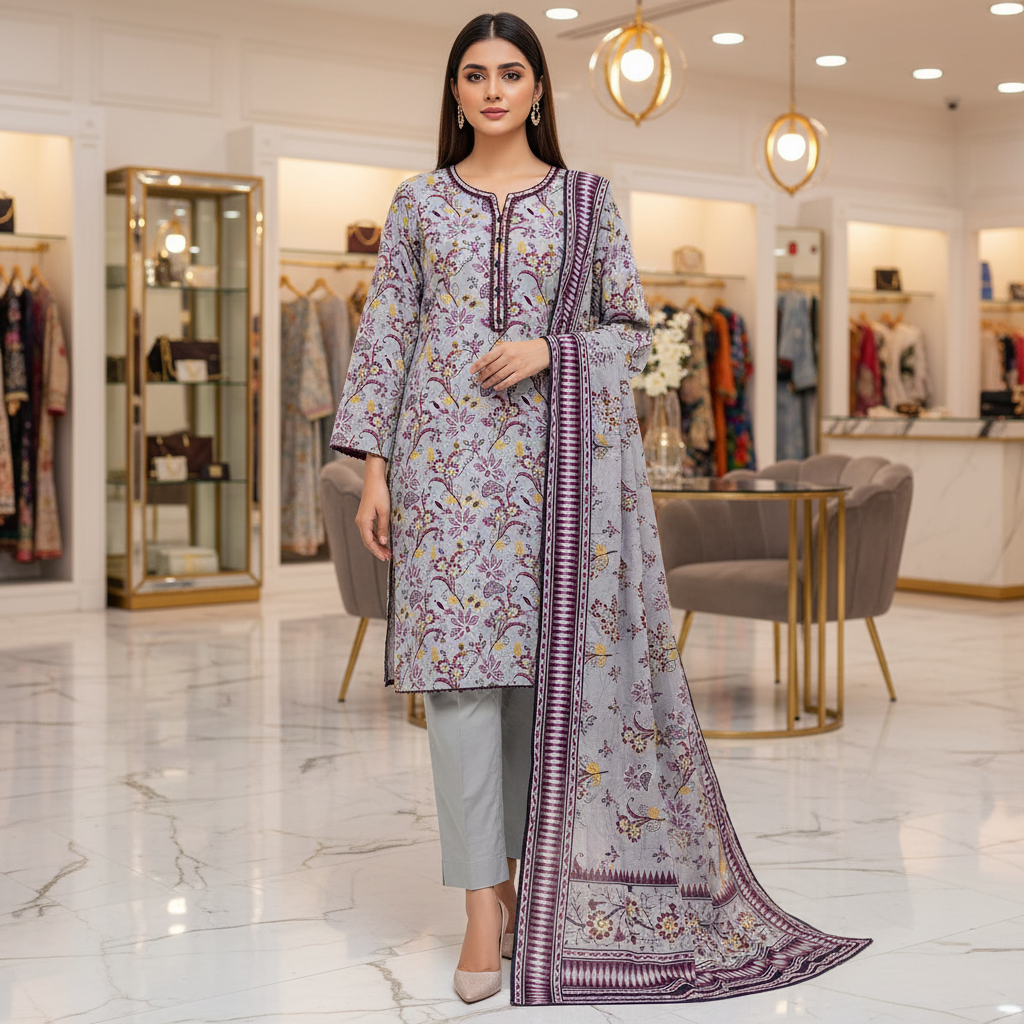 SAPP Mehrbano | Smoky Slate Printed Lawn Shalwar Kameez | Maroon Blossom 3 Piece Pakistani Suit