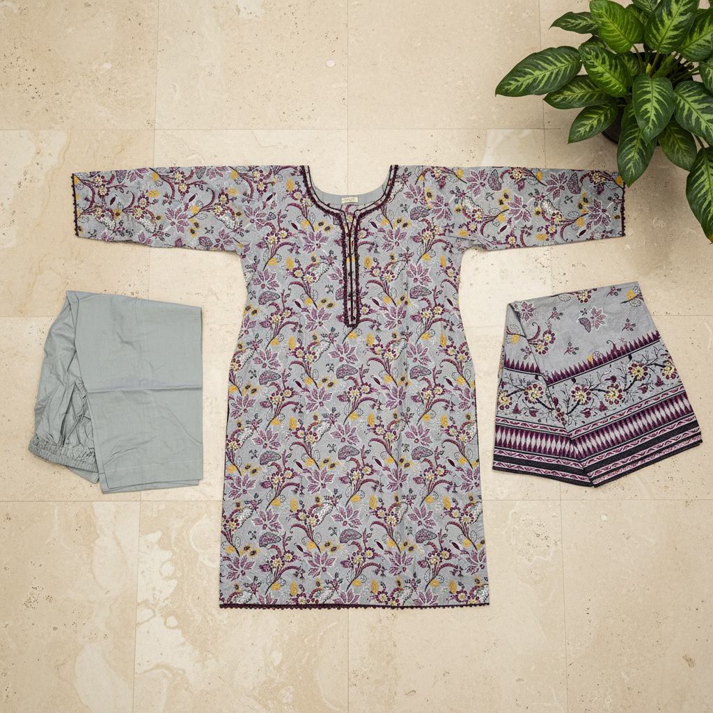 SAPP Mehrbano | Smoky Slate Printed Lawn Shalwar Kameez | Maroon Blossom 3 Piece Pakistani Suit
