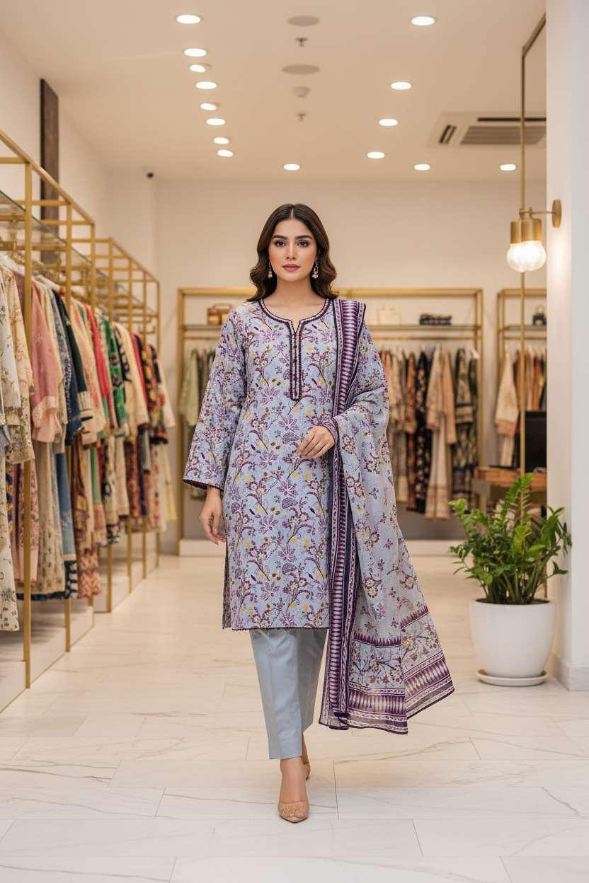 SAPP Mehrbano | Smoky Slate Printed Lawn Shalwar Kameez | Maroon Blossom 3 Piece Pakistani Suit