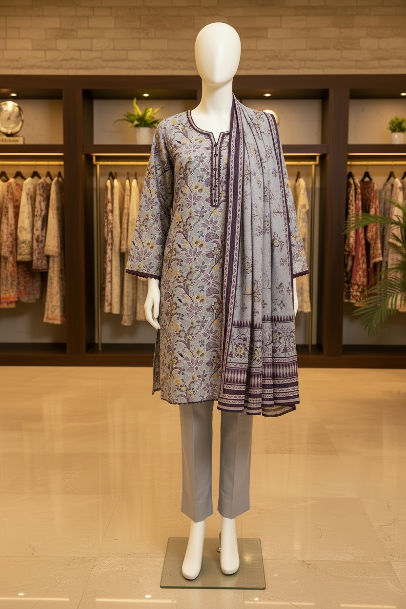 SAPP Mehrbano | Smoky Slate Printed Lawn Shalwar Kameez | Maroon Blossom 3 Piece Pakistani Suit