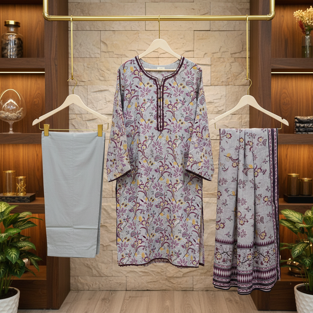 SAPP Mehrbano | Smoky Slate Printed Lawn Shalwar Kameez | Maroon Blossom 3 Piece Pakistani Suit