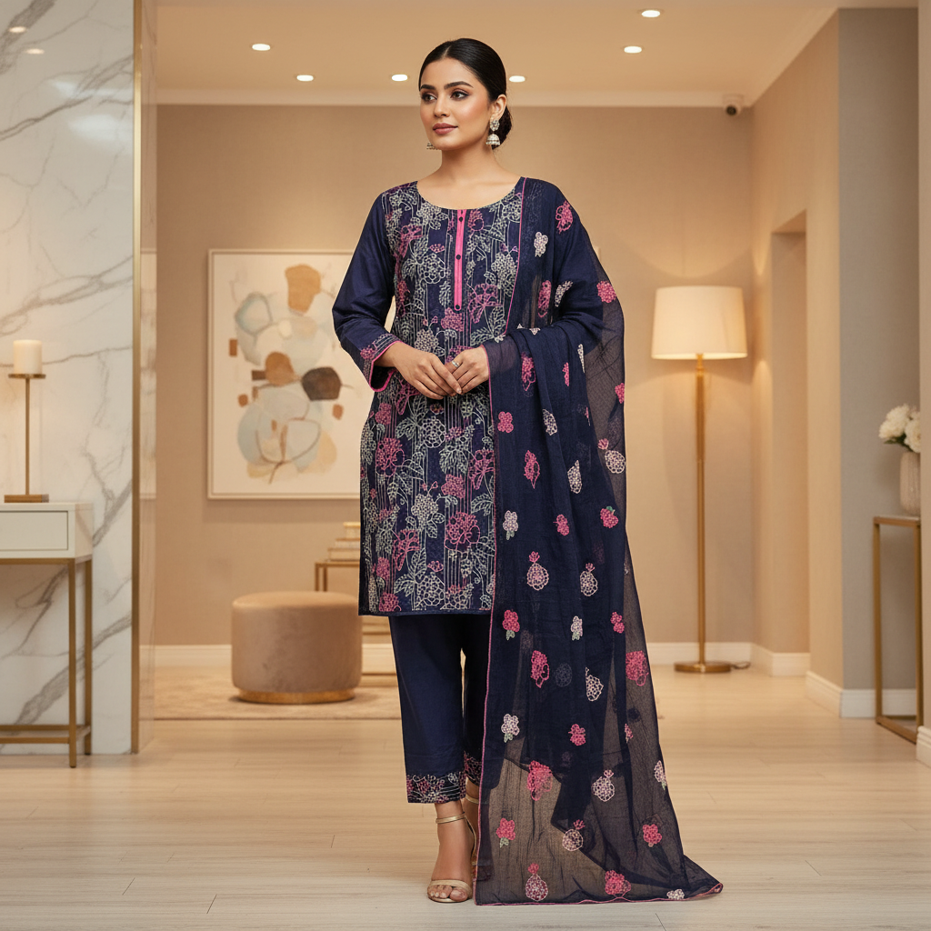 Bareeze Navy Blue | Floral Embroidered Cotton Suit | All-Over Embroidered Chiffon Dupatta | 3 Piece Suit