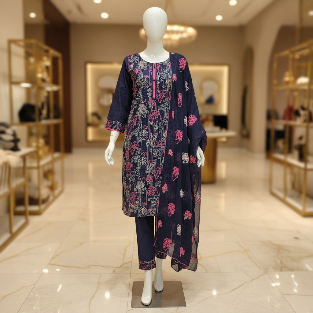Bareeze Navy Blue | Floral Embroidered Cotton Suit | All-Over Embroidered Chiffon Dupatta | 3 Piece Suit