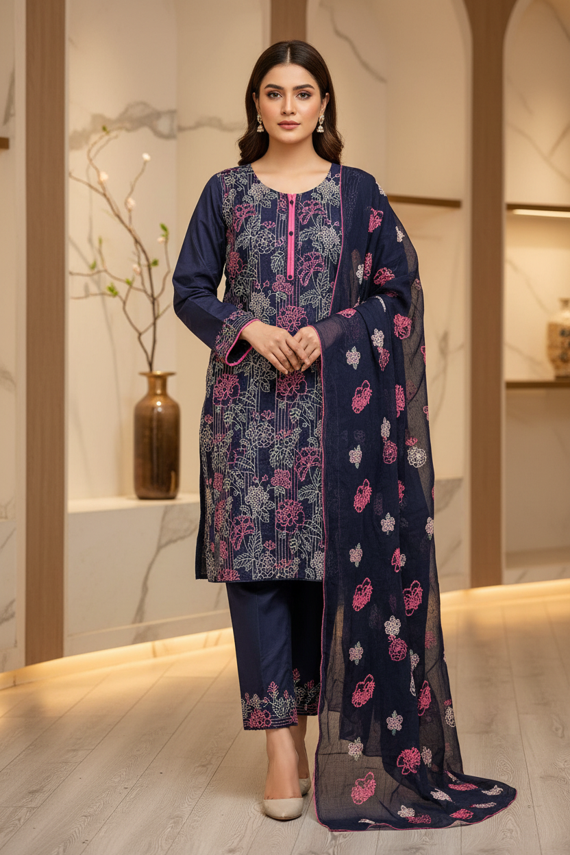Bareeze Navy Blue | Floral Embroidered Cotton Suit | All-Over Embroidered Chiffon Dupatta | 3 Piece Suit