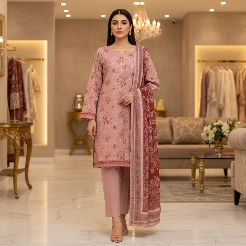 MHK Original | Dusty Rose Floral Printed Lawn Suit | Printed Dupatta | Plain Trouser