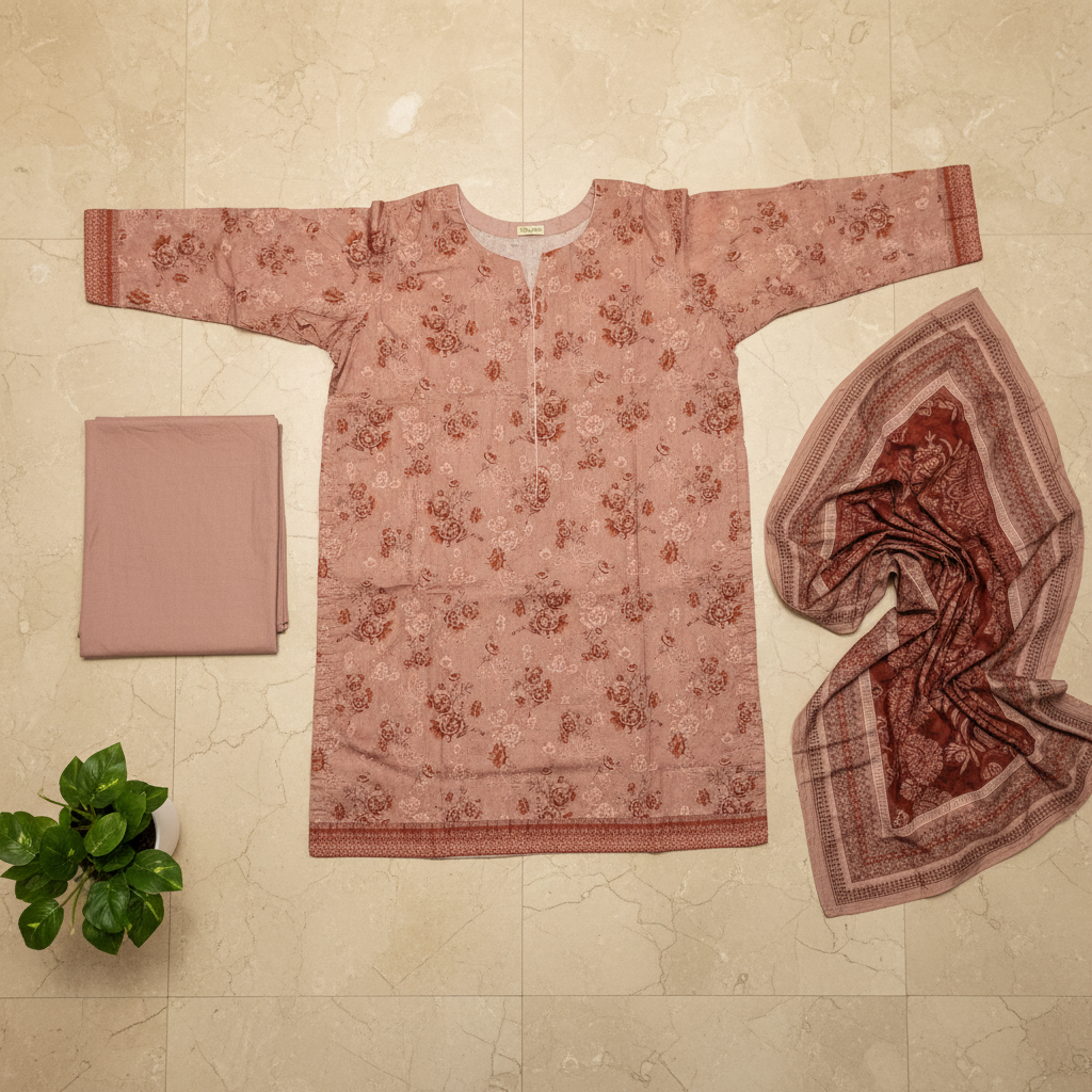 MHK Original | Dusty Rose Floral Printed Lawn Suit | Printed Dupatta | Plain Trouser