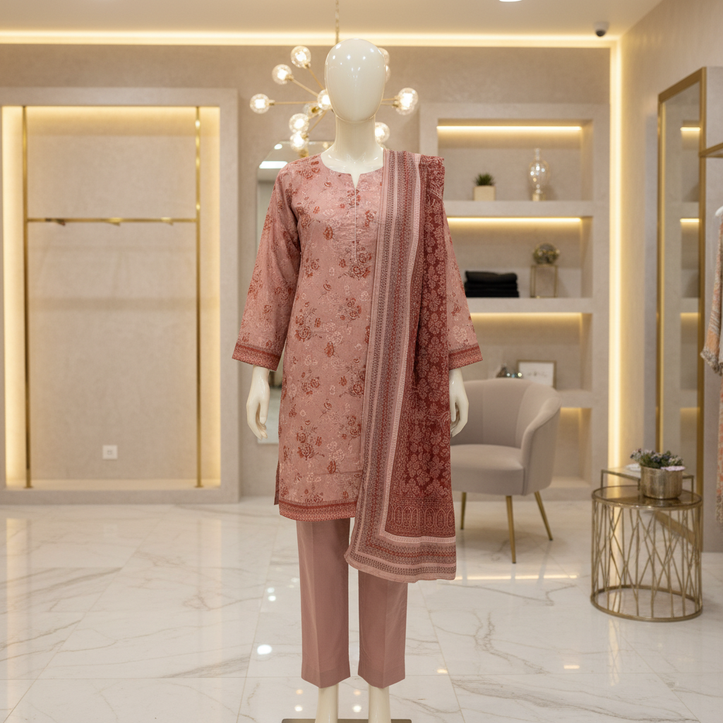 MHK Original | Dusty Rose Floral Printed Lawn Suit | Printed Dupatta | Plain Trouser