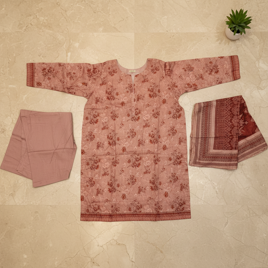 MHK Original | Dusty Rose Floral Printed Lawn Suit | Printed Dupatta | Plain Trouser