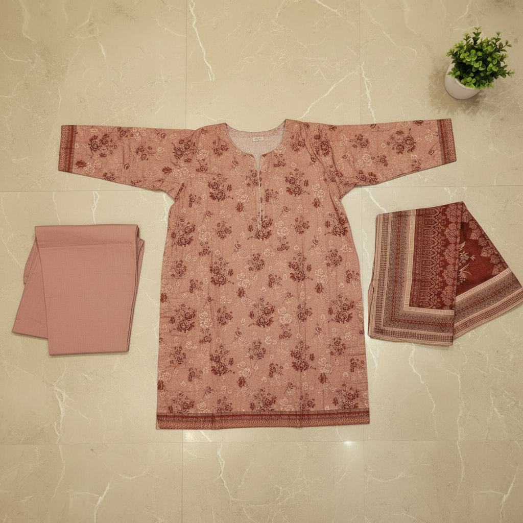 MHK Original | Dusty Rose Floral Printed Lawn Suit | Printed Dupatta | Plain Trouser