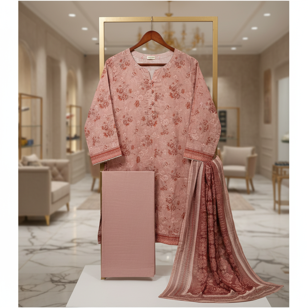 MHK Original | Dusty Rose Floral Printed Lawn Suit | Printed Dupatta | Plain Trouser