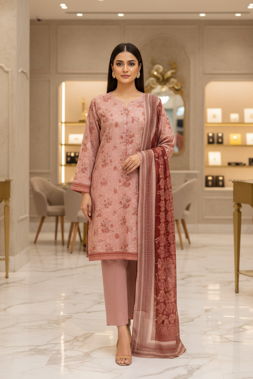 MHK Original | Dusty Rose Floral Printed Lawn Suit | Printed Dupatta | Plain Trouser