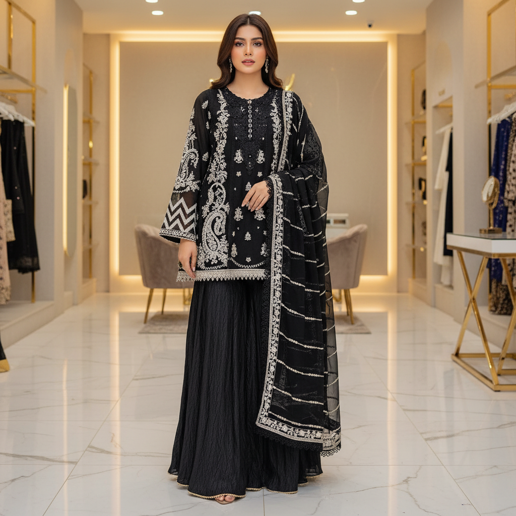 MB Black Embroidered Chiffon Peplum Style Dress | Crinkle Palazzo | Embroidered Chiffon Dupatta | 3 Piece Formal Dress