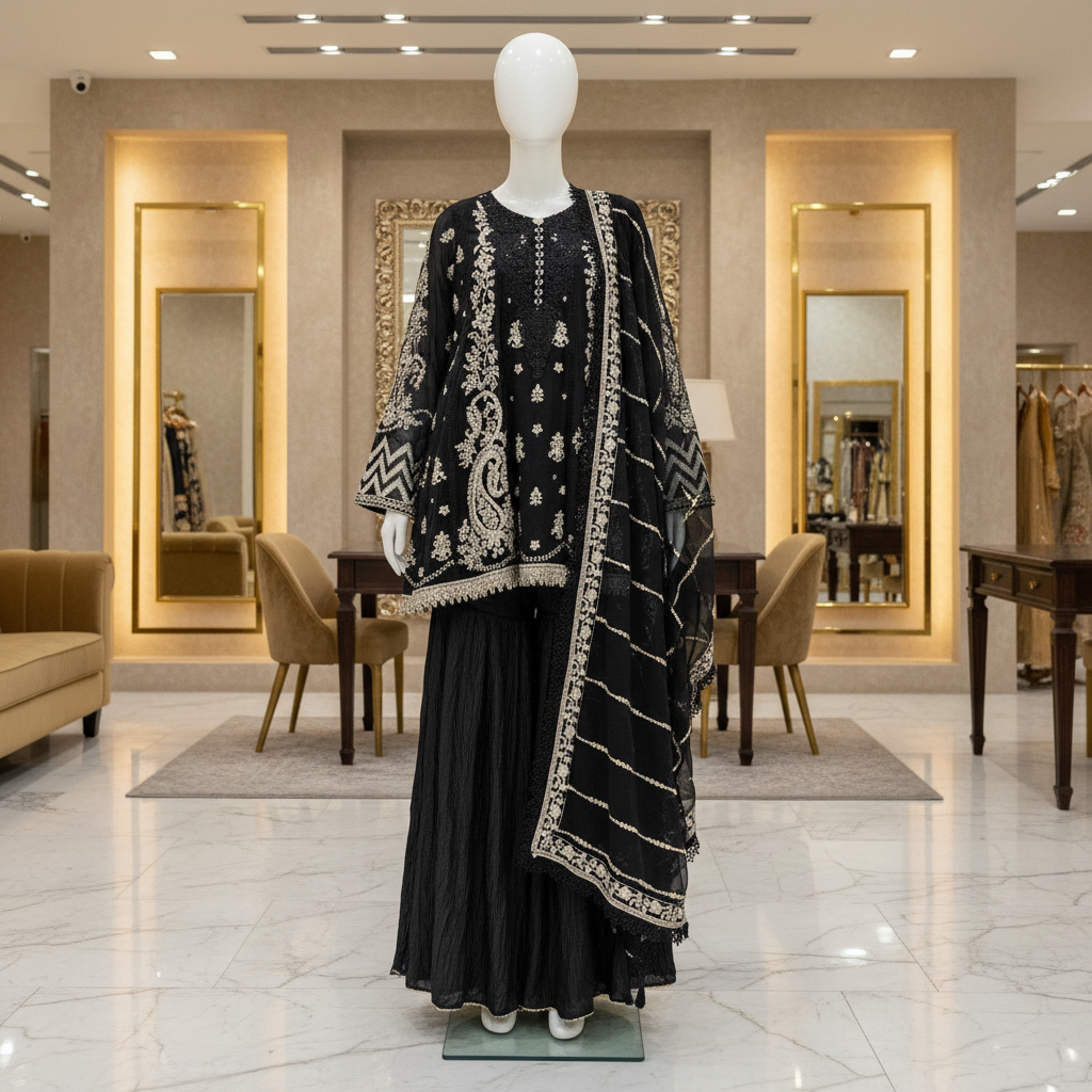 MB Black Embroidered Chiffon Peplum Style Dress | Crinkle Palazzo | Embroidered Chiffon Dupatta | 3 Piece Formal Dress
