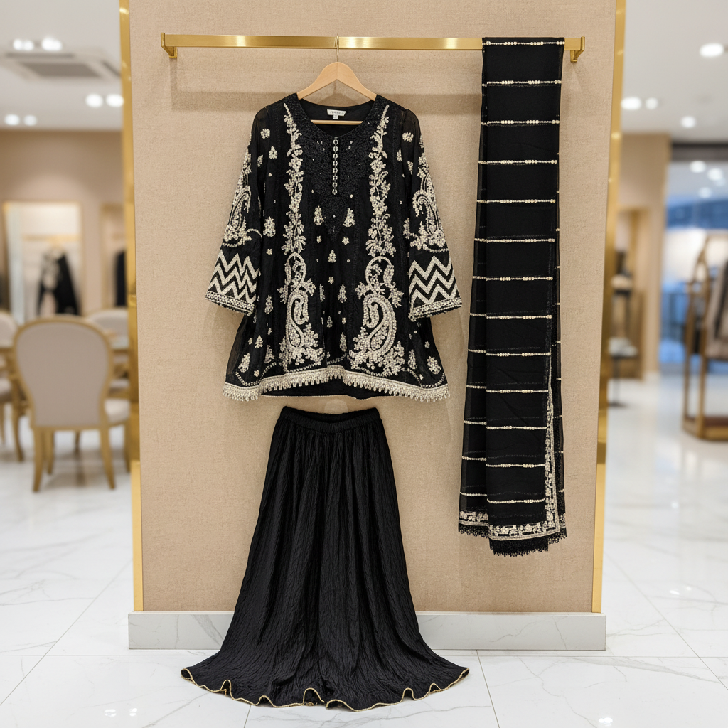 MB Black Embroidered Chiffon Peplum Style Dress | Crinkle Palazzo | Embroidered Chiffon Dupatta | 3 Piece Formal Dress