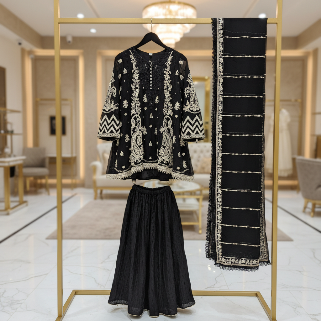 MB Black Embroidered Chiffon Peplum Style Dress | Crinkle Palazzo | Embroidered Chiffon Dupatta | 3 Piece Formal Dress