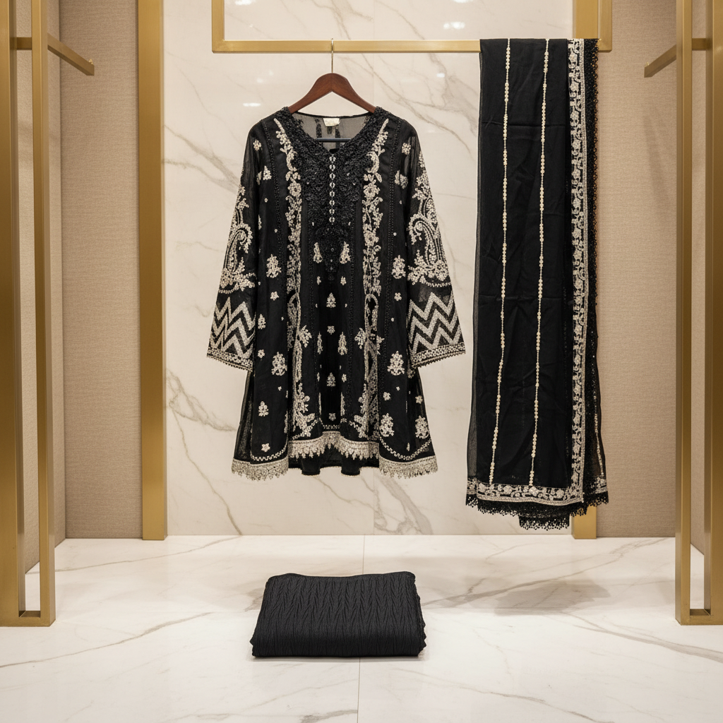 MB Black Embroidered Chiffon Peplum Style Dress | Crinkle Palazzo | Embroidered Chiffon Dupatta | 3 Piece Formal Dress