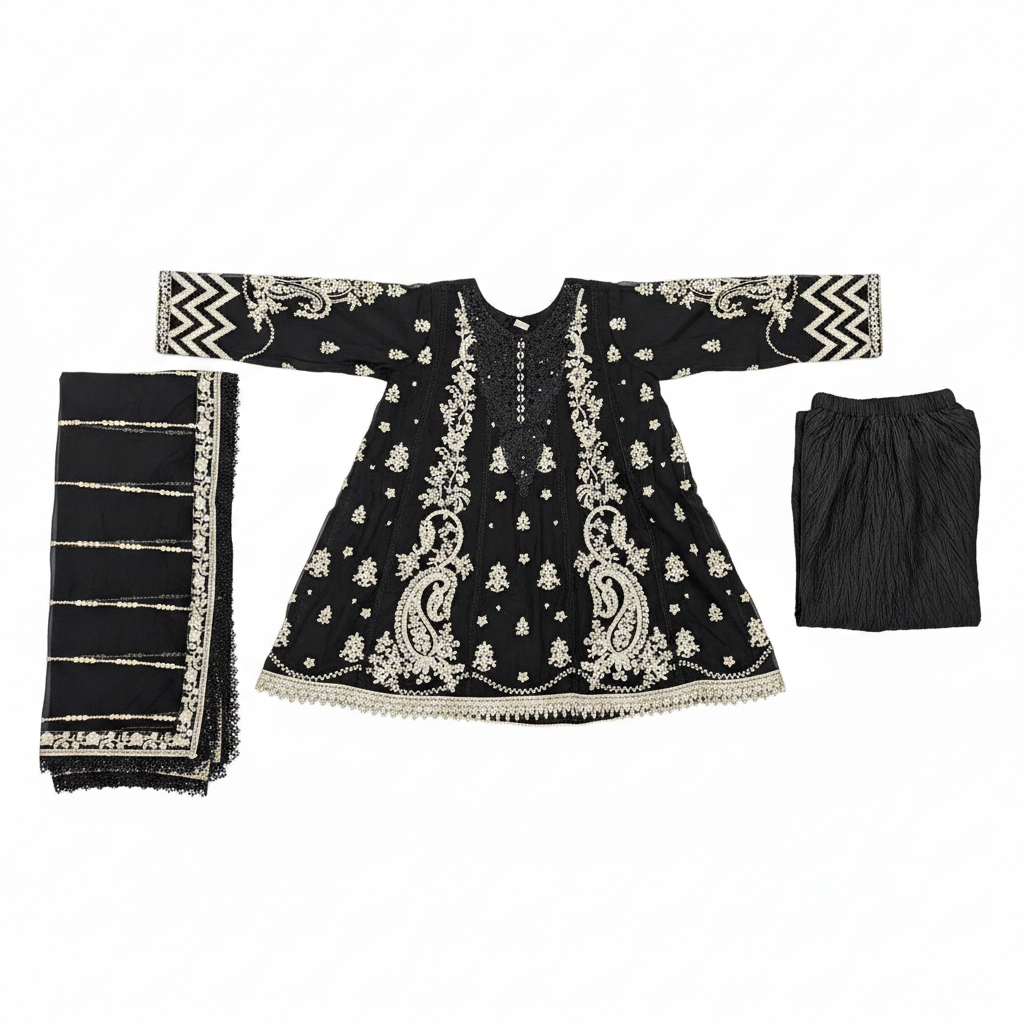 MB Black Embroidered Chiffon Peplum Style Dress | Crinkle Palazzo | Embroidered Chiffon Dupatta | 3 Piece Formal Dress