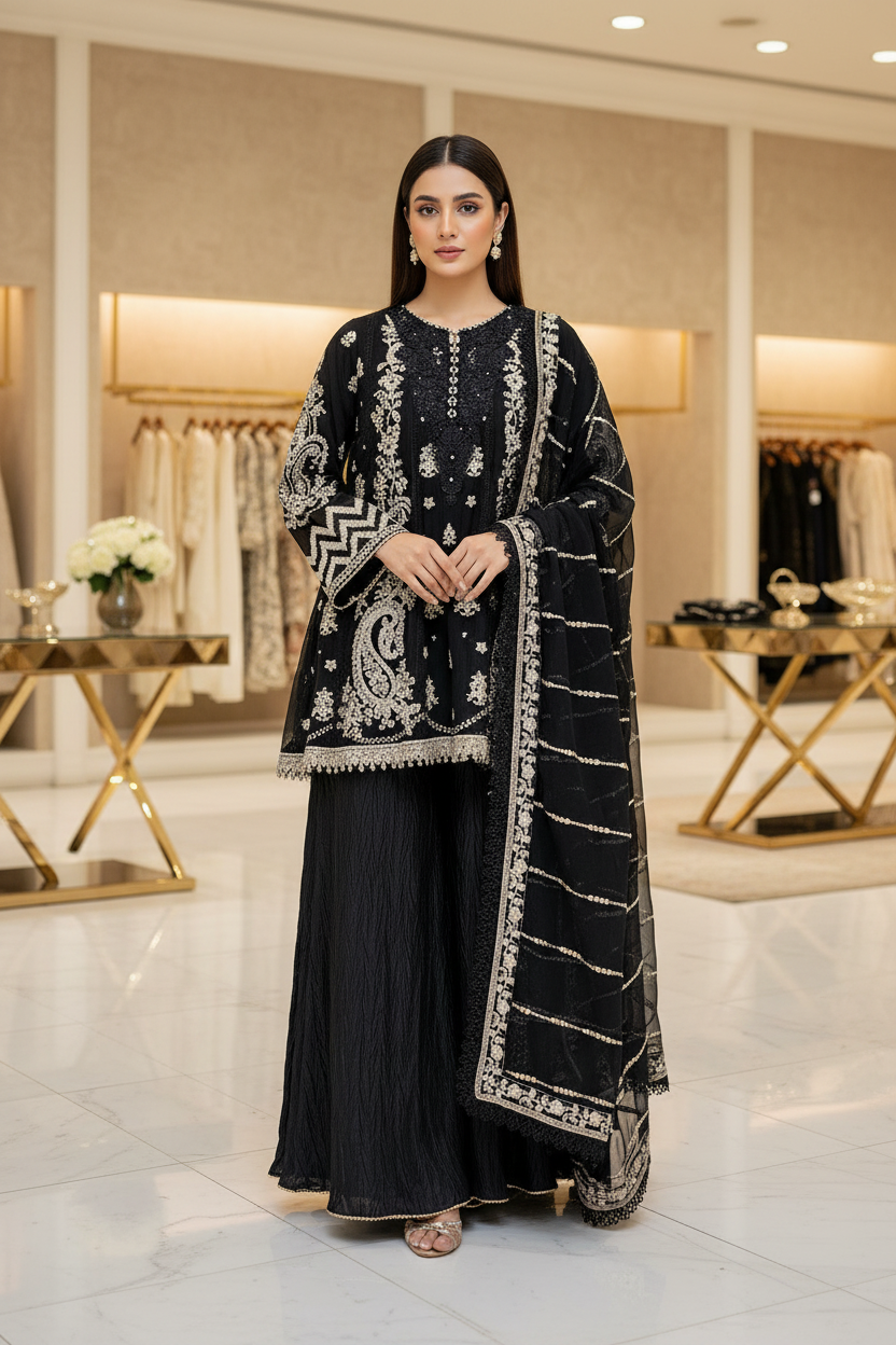 MB Black Embroidered Chiffon Peplum Style Dress | Crinkle Palazzo | Embroidered Chiffon Dupatta | 3 Piece Formal Dress