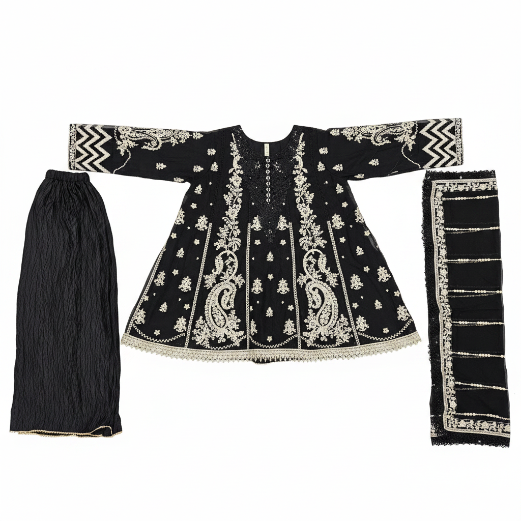 MB Black Embroidered Chiffon Peplum Style Dress | Crinkle Palazzo | Embroidered Chiffon Dupatta | 3 Piece Formal Dress