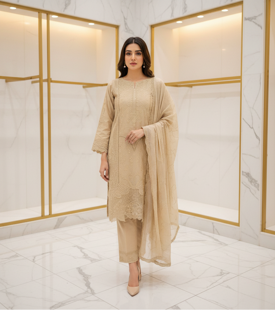 MB Beige Premium Cotton Embroidered Suit | Embroidered Dupatta | Plain Trouser with Hem Detailing