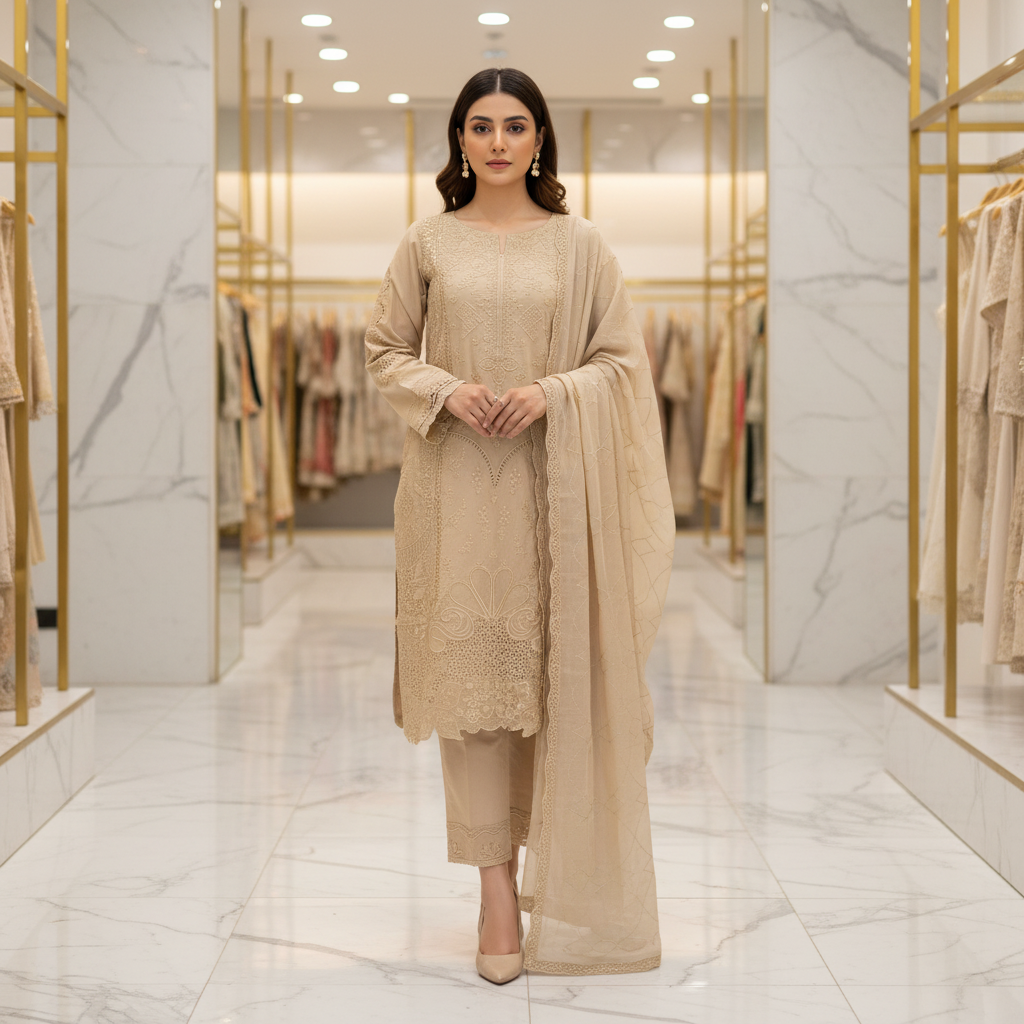 MB Beige Premium Cotton Embroidered Suit | Embroidered Dupatta | Plain Trouser with Hem Detailing