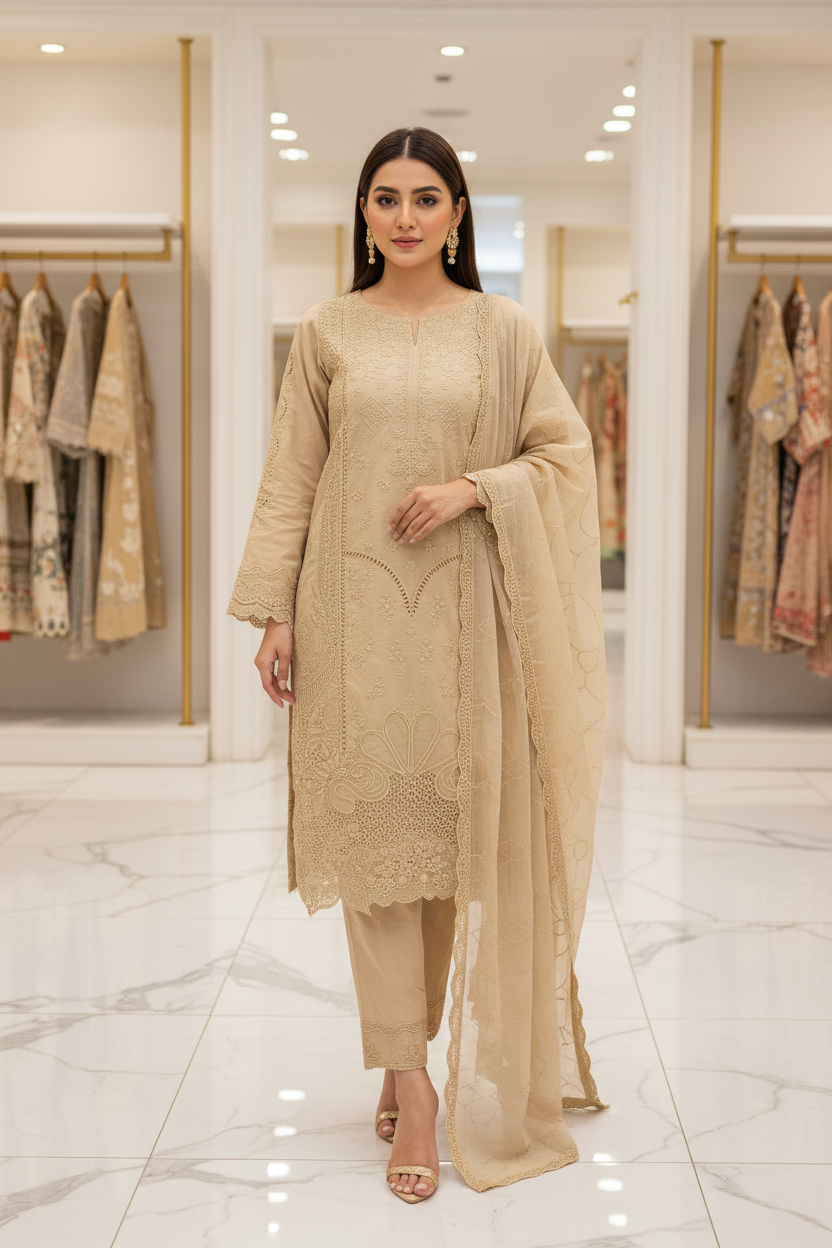 MB Beige Premium Cotton Embroidered Suit | Embroidered Dupatta | Plain Trouser with Hem Detailing