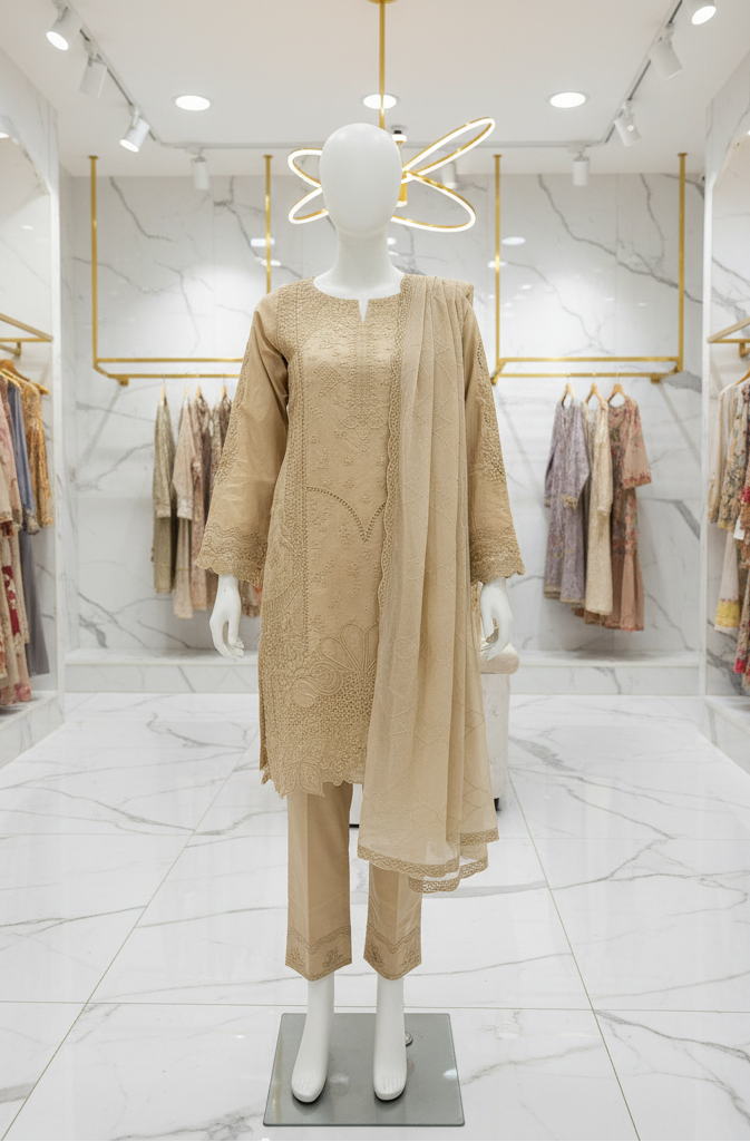 MB Beige Premium Cotton Embroidered Suit | Embroidered Dupatta | Plain Trouser with Hem Detailing