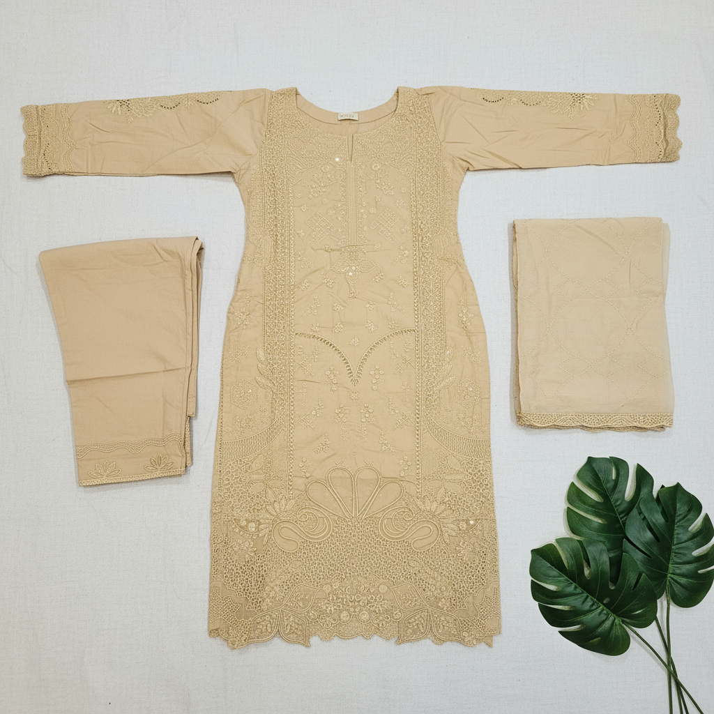 MB Beige Premium Cotton Embroidered Suit | Embroidered Dupatta | Plain Trouser with Hem Detailing