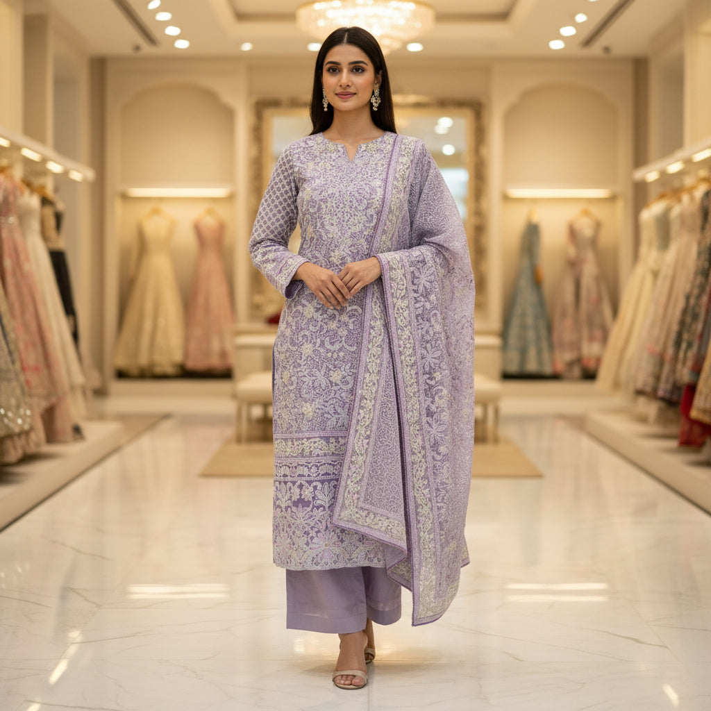 JZM | Elara | Lilac Mist Khaadi Net Pakistani Shalwar Kameez | Luxury All-Over Thread, Zari & Stonework Embroidery | Embroidered Net Dupatta | 3 Piece Suit