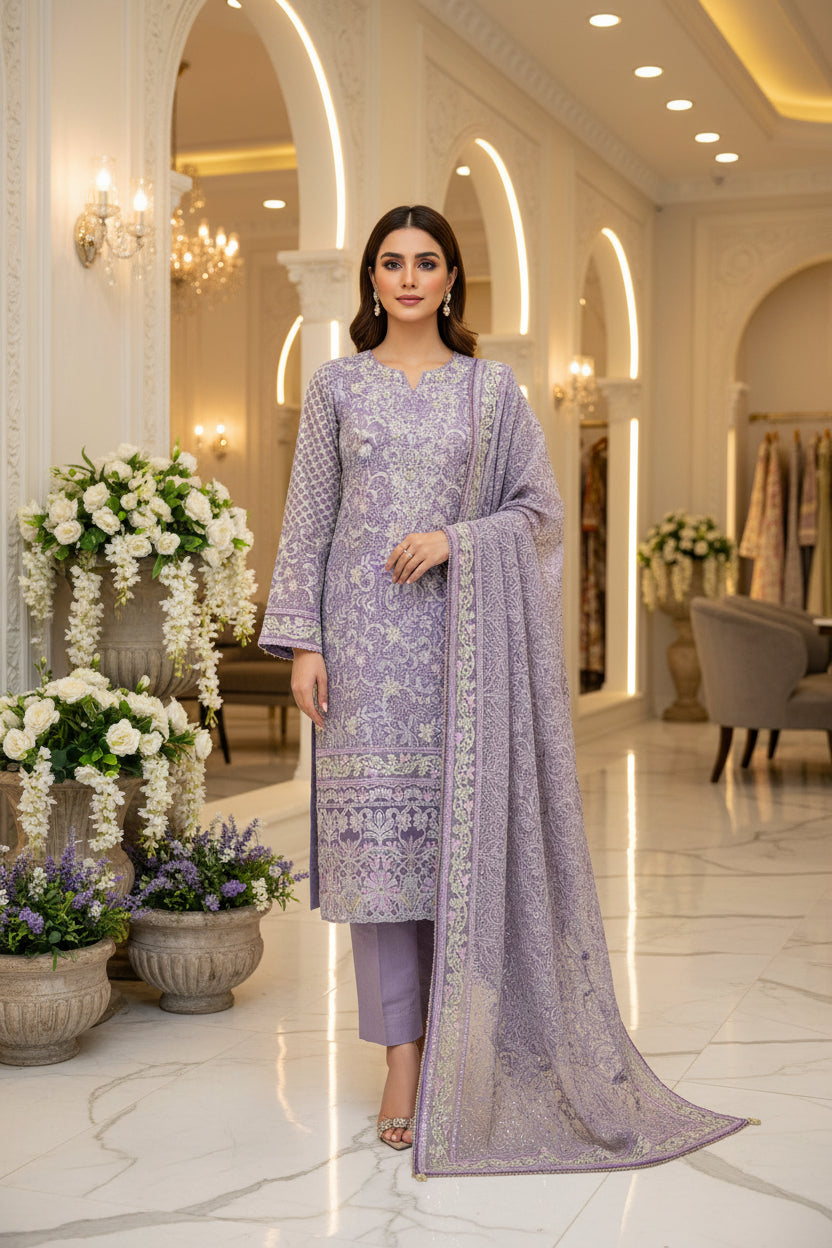 JZM | Elara | Lilac Mist Khaadi Net Pakistani Shalwar Kameez | Luxury All-Over Thread, Zari & Stonework Embroidery | Embroidered Net Dupatta | 3 Piece Suit