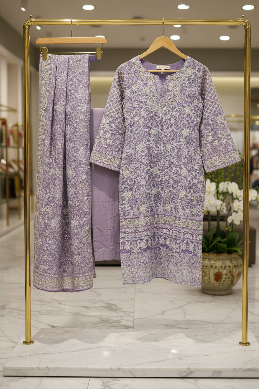 JZM | Elara | Lilac Mist Khaadi Net Pakistani Shalwar Kameez | Luxury All-Over Thread, Zari & Stonework Embroidery | Embroidered Net Dupatta | 3 Piece Suit