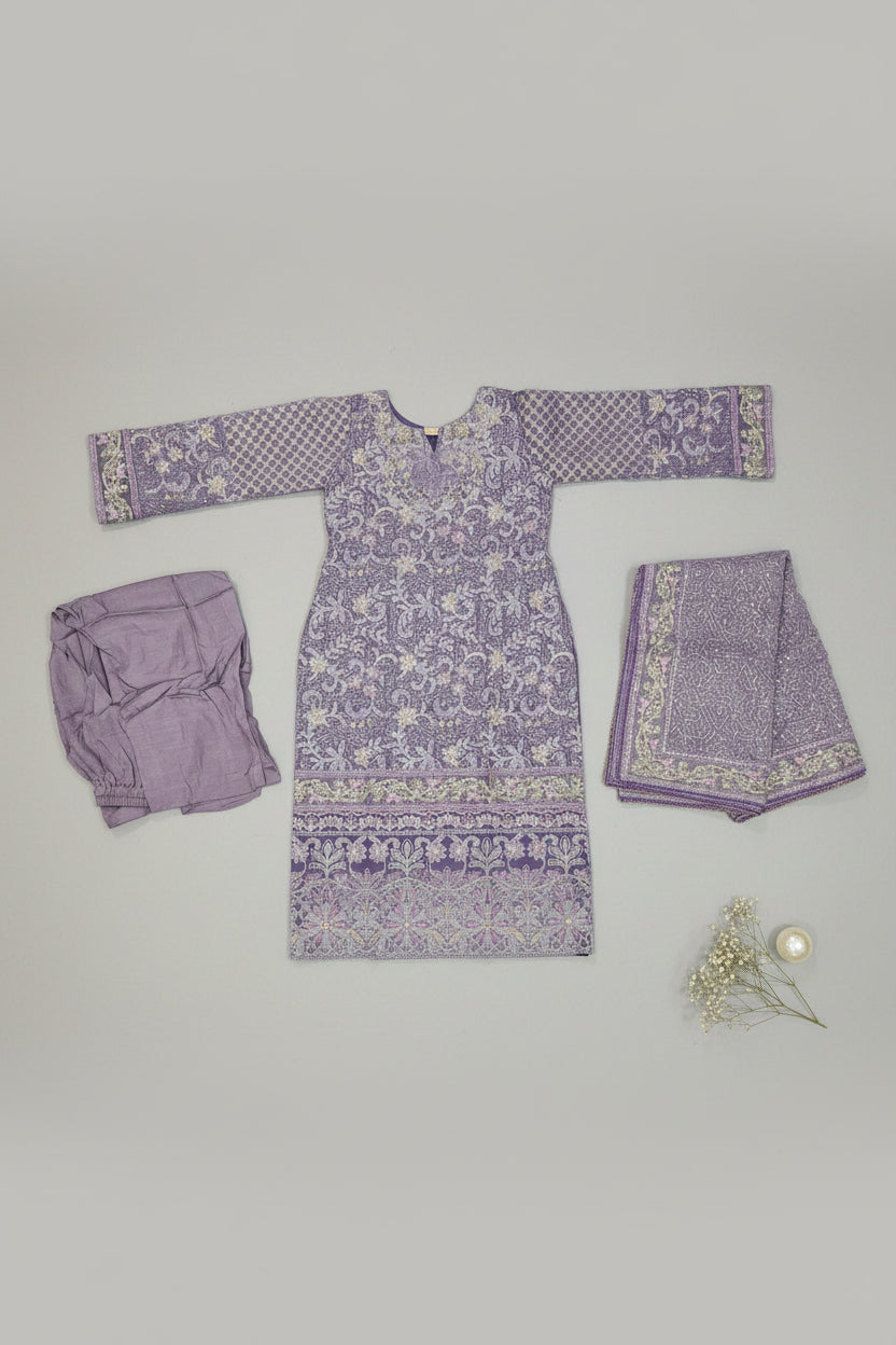 JZM | Elara | Lilac Mist Khaadi Net Pakistani Shalwar Kameez | Luxury All-Over Thread, Zari & Stonework Embroidery | Embroidered Net Dupatta | 3 Piece Suit