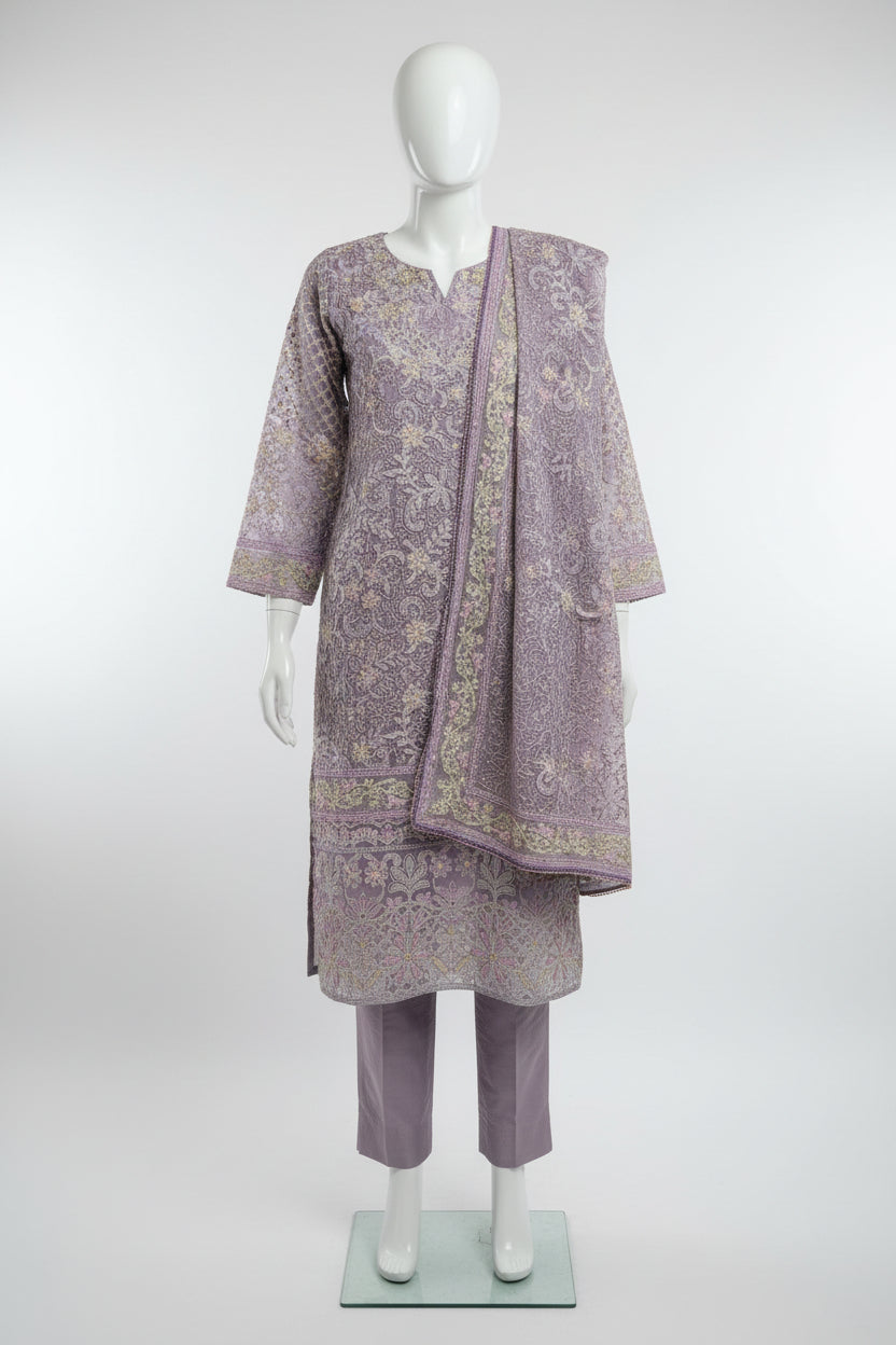 JZM | Elara | Lilac Mist Khaadi Net Pakistani Shalwar Kameez | Luxury All-Over Thread, Zari & Stonework Embroidery | Embroidered Net Dupatta | 3 Piece Suit