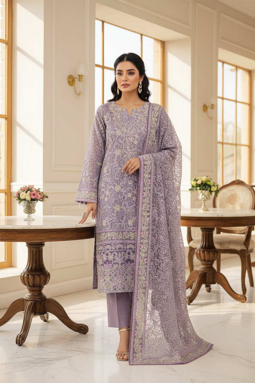 JZM | Elara | Lilac Mist Khaadi Net Pakistani Shalwar Kameez | Luxury All-Over Thread, Zari & Stonework Embroidery | Embroidered Net Dupatta | 3 Piece Suit