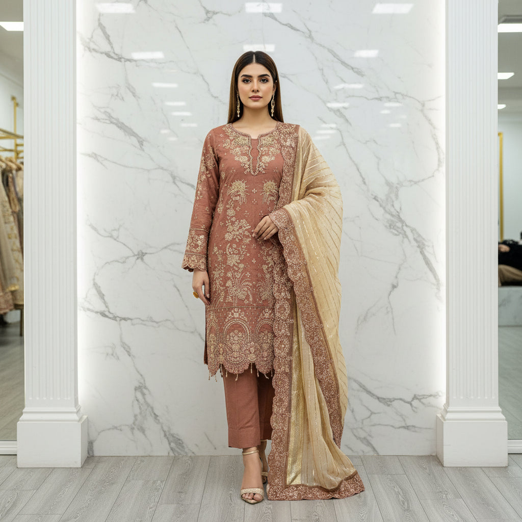 MSK Mocha Rose Gold | Hand Embellished Organza Kameez with Gold Work | Embroidered Dupatta & Plain Trouser | Plus Size Wedding Party Wear M to 8XL