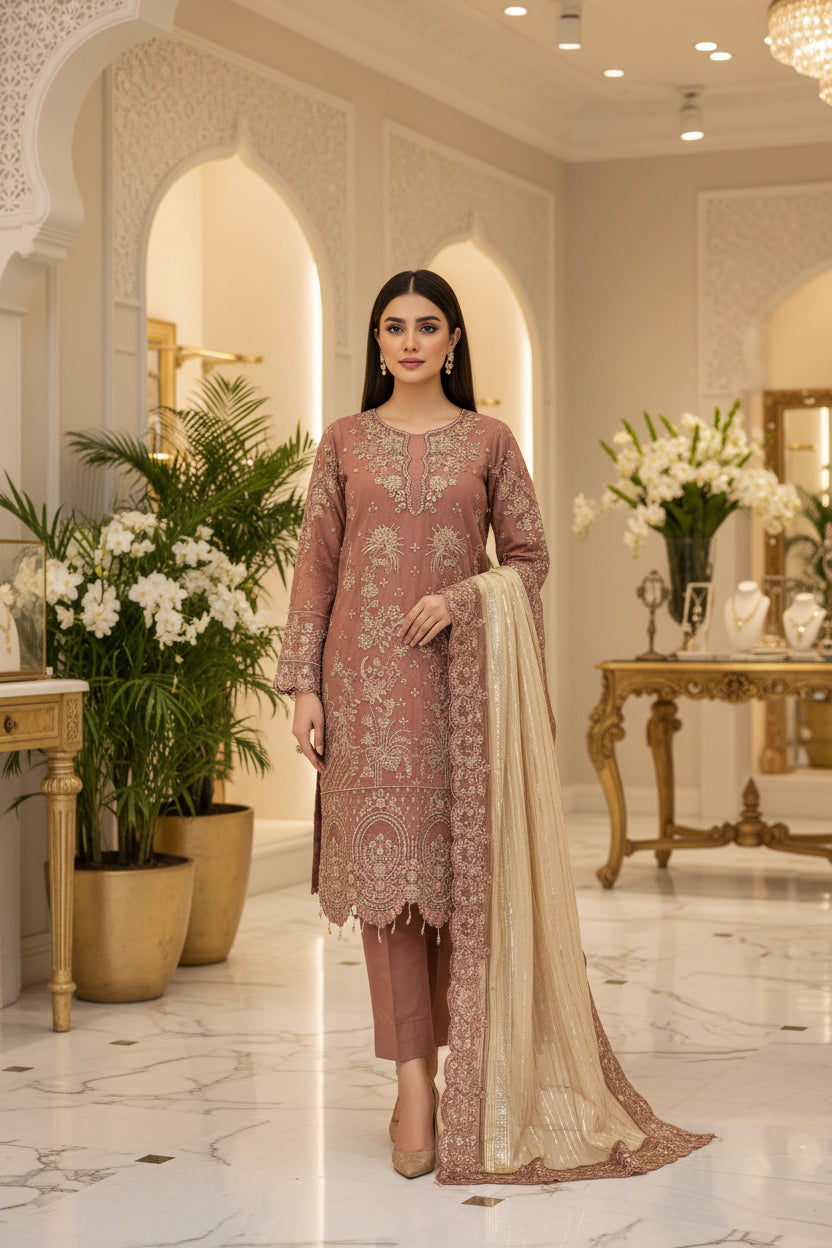 MSK Mocha Rose Gold | Hand Embellished Organza Kameez with Gold Work | Embroidered Dupatta & Plain Trouser | Plus Size Wedding Party Wear M to 8XL