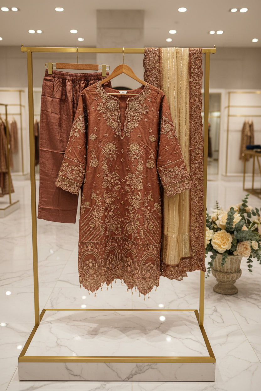 MSK Mocha Rose Gold | Hand Embellished Organza Kameez with Gold Work | Embroidered Dupatta & Plain Trouser | Plus Size Wedding Party Wear M to 8XL