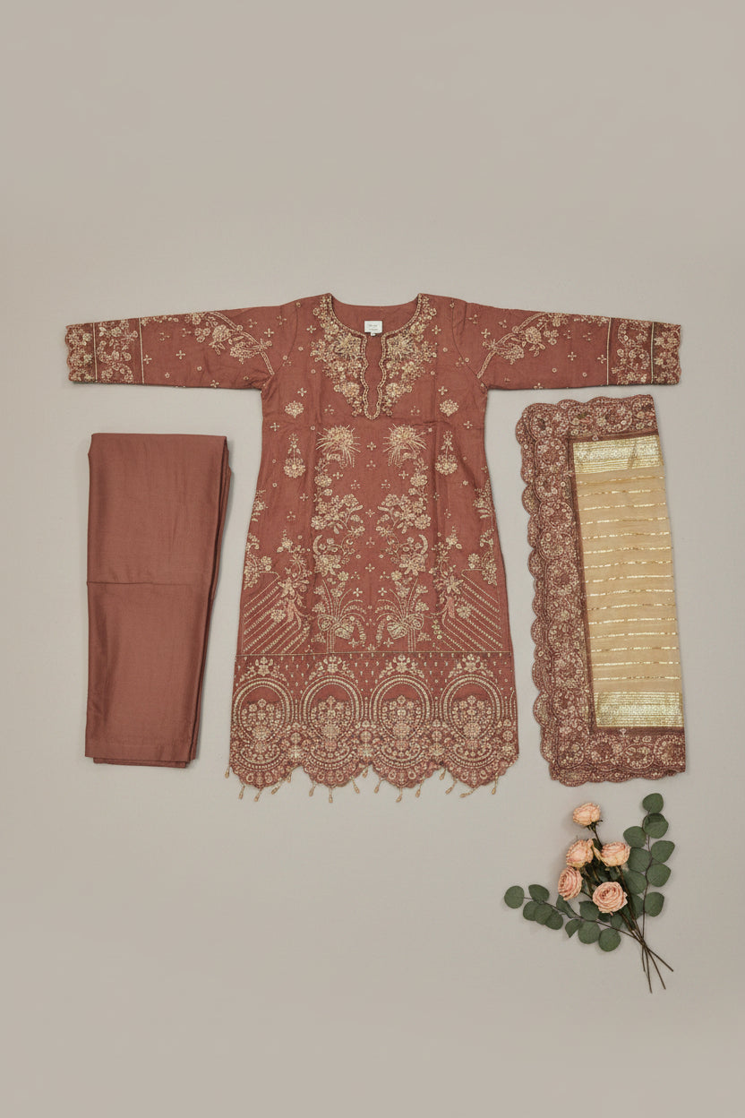 MSK Mocha Rose Gold | Hand Embellished Organza Kameez with Gold Work | Embroidered Dupatta & Plain Trouser | Plus Size Wedding Party Wear M to 8XL
