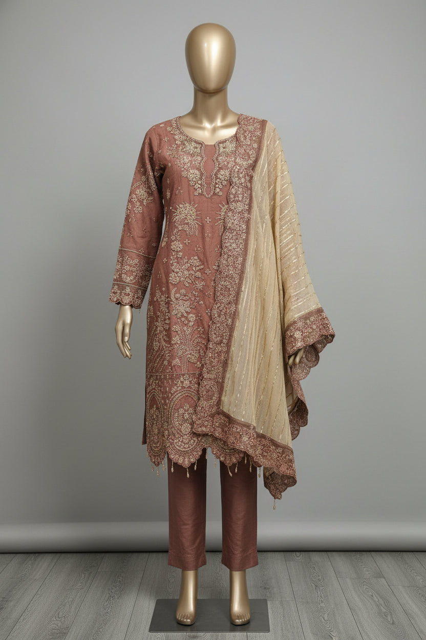 MSK Mocha Rose Gold | Hand Embellished Organza Kameez with Gold Work | Embroidered Dupatta & Plain Trouser | Plus Size Wedding Party Wear M to 8XL