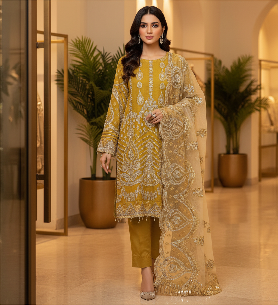 IMRZ | Mustard Gold | Luxury Pakistani Organza Shalwar Kameez | Hand Embellished Embroidery & Premium Detailing | 3 Piece Suit | Festive & Occasion Wear